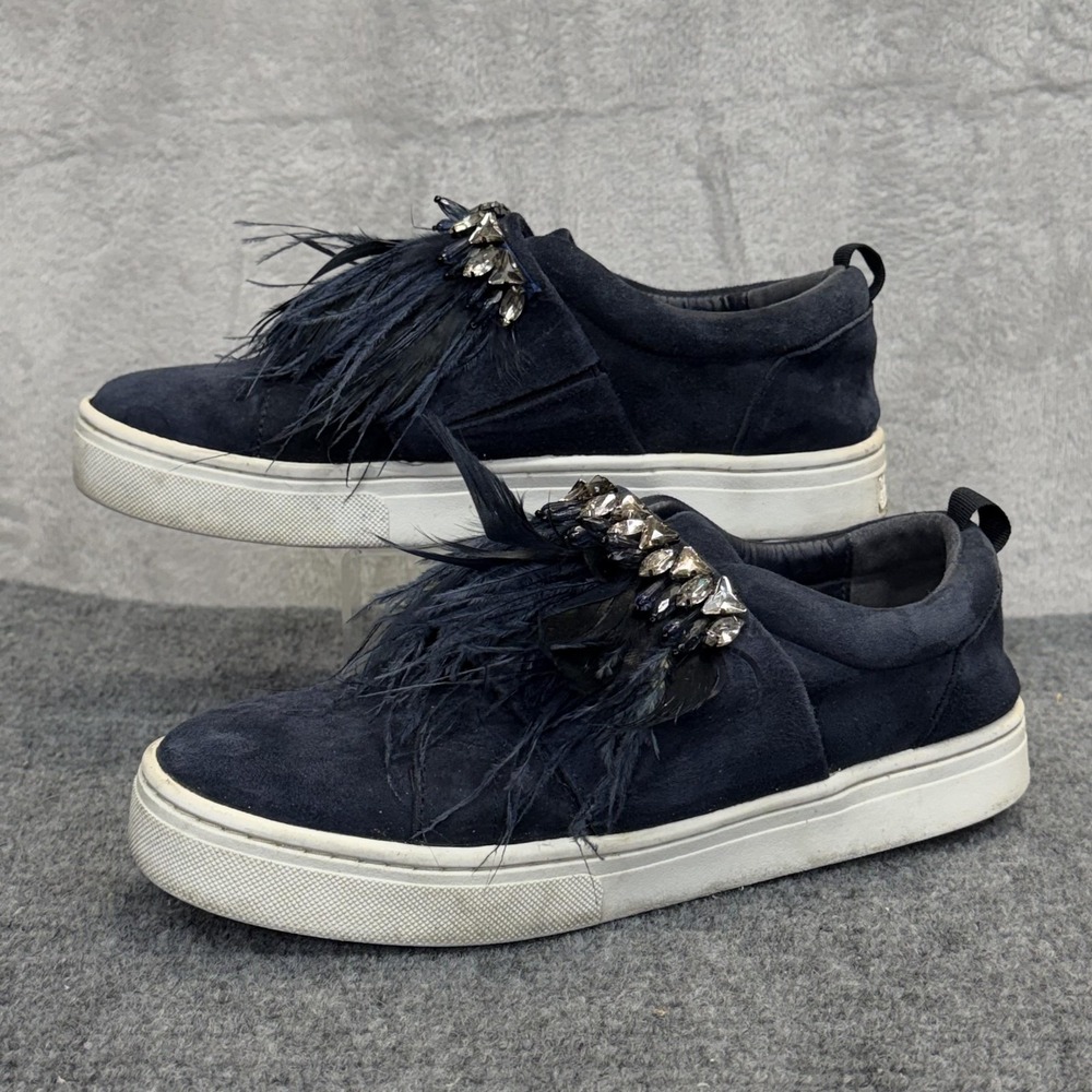 Sam Edelman Lelani Shoes Womens 10 Blue Suede Feather Jewel Slip On Sneakers